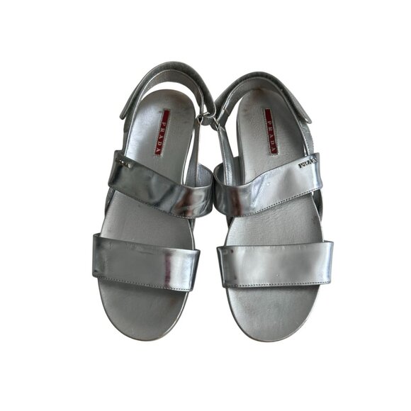 PRADA Silver Leather Double Strap Sandals Size 38.5 - Picture 2 of 10